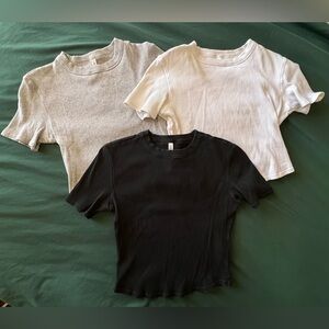 Fabletics Bundle of 3 “Daily Rib Baby Tees” in Classic Grey, Black, and White